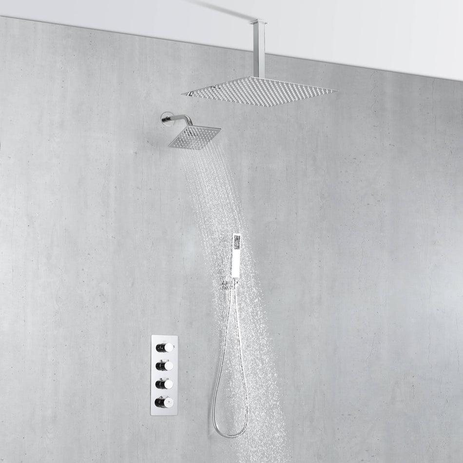 Chrome wall mount regular shower head 6inch ceiling mount LED light rainfall shower head 3 way thermostatic shower faucet each function work all together and separately