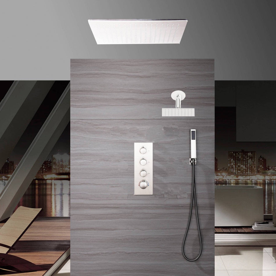 Chrome ceiling mount 20 inch or 24 inch rainfall shower head system 3 way thermostatic shower faucet with wall mount 6 inch high water pressure regular shower head