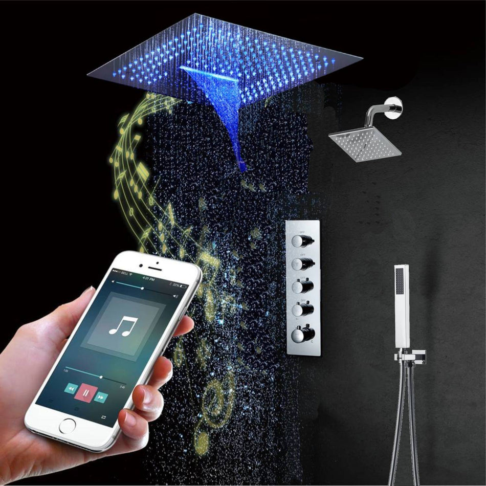 16-Inch Chrome Thermostatic Shower Faucet: 4-Way Control, Flush-Mounted, 64-Color LED Lighting, Bluetooth Music, with Regular Shower Head