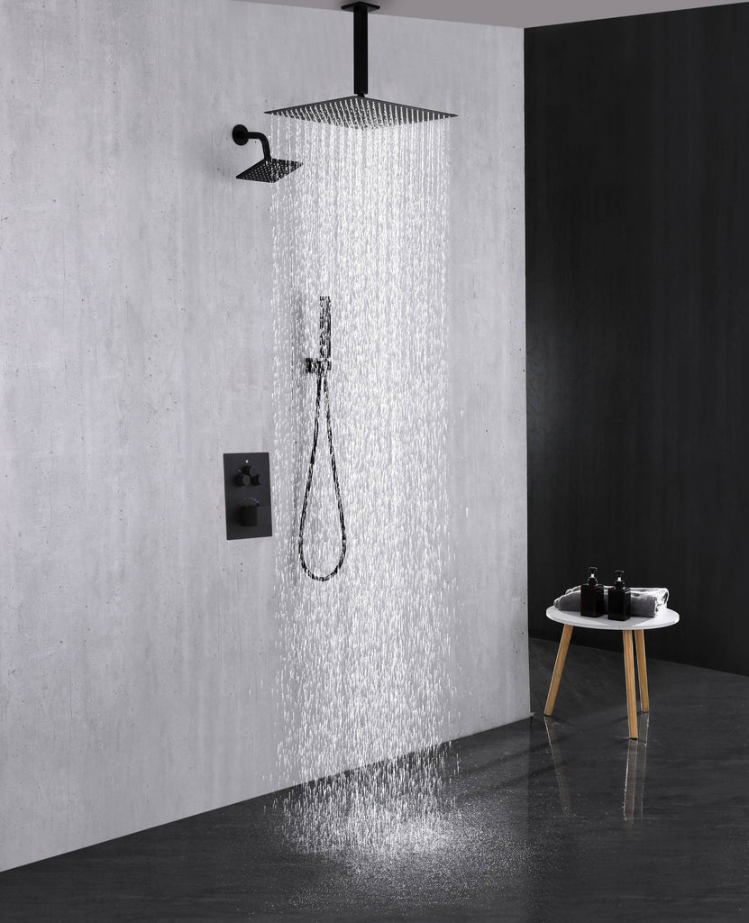 Matte Black Wall Mount 6inch Regular High Water Pressure Shower Head Ceiling Mount 16inch or 12 inch Rainfall Shower Head 3 Way Thermostatic Shower