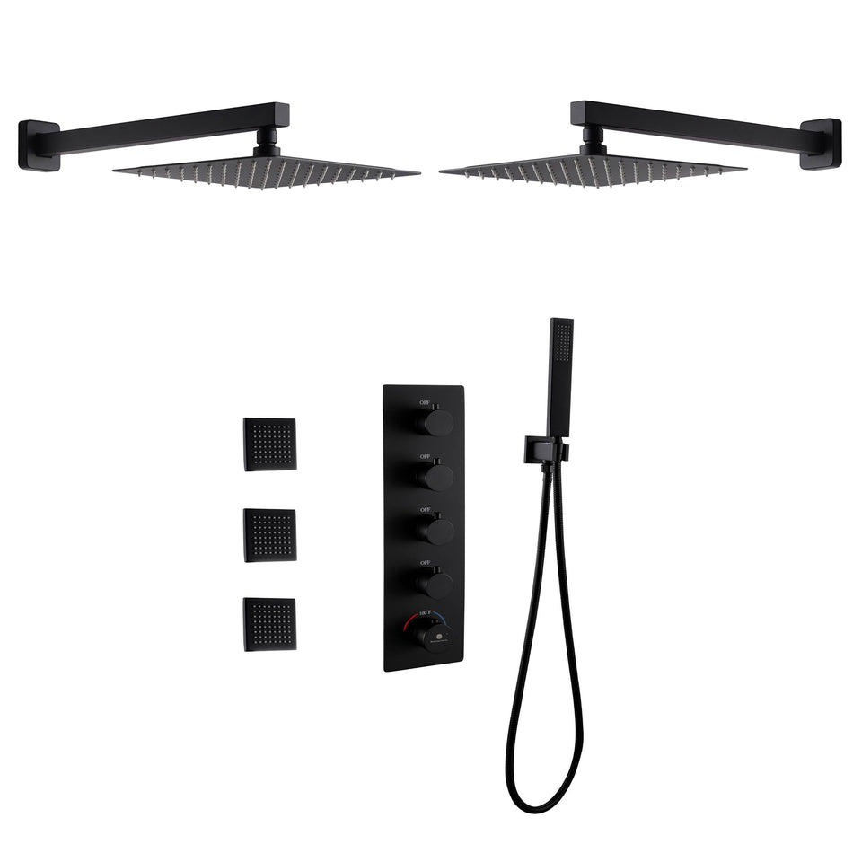 Wall mount 12 inch or 16 inch matte black rainfall shower system 4 way thermostatic rough in valve with body jets
