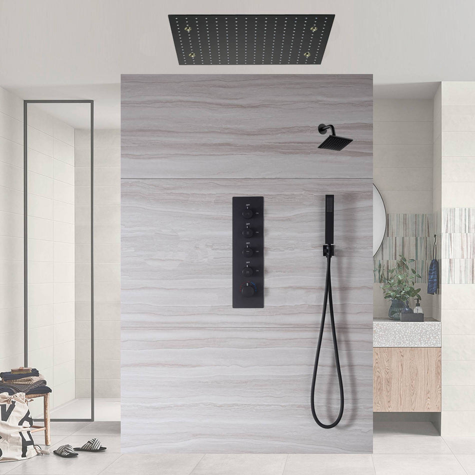 Matte Black 20" LED Rainfall Shower System with 4-Way Thermostatic Faucet and Regular Head