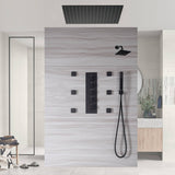 Matte Black 24" or 20" Rainfall Shower System with 4-Way Thermostatic Valve and Body Jets
