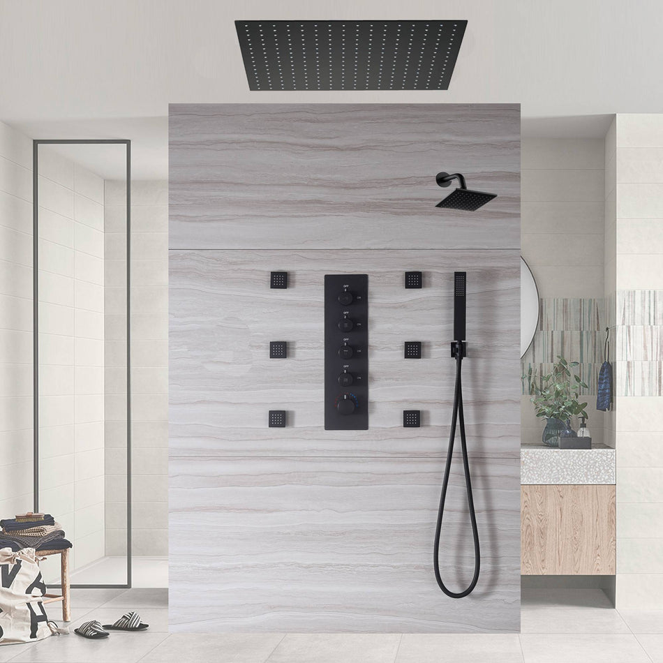 Matte Black 24" or 20" Rainfall Shower System with 4-Way Thermostatic Valve and Body Jets