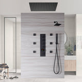 Matte Black 24" or 20" Rainfall Shower System with 4-Way Thermostatic Valve and Body Jets