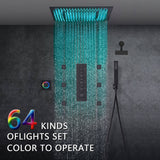 Matte Black 16 inch or 20-Inch Flush Mount Rainfall Shower System with 64-Color LED, 4-Way Digital Thermostatic Valve, Regular Head, 6 Body Jets, and Touch Panel