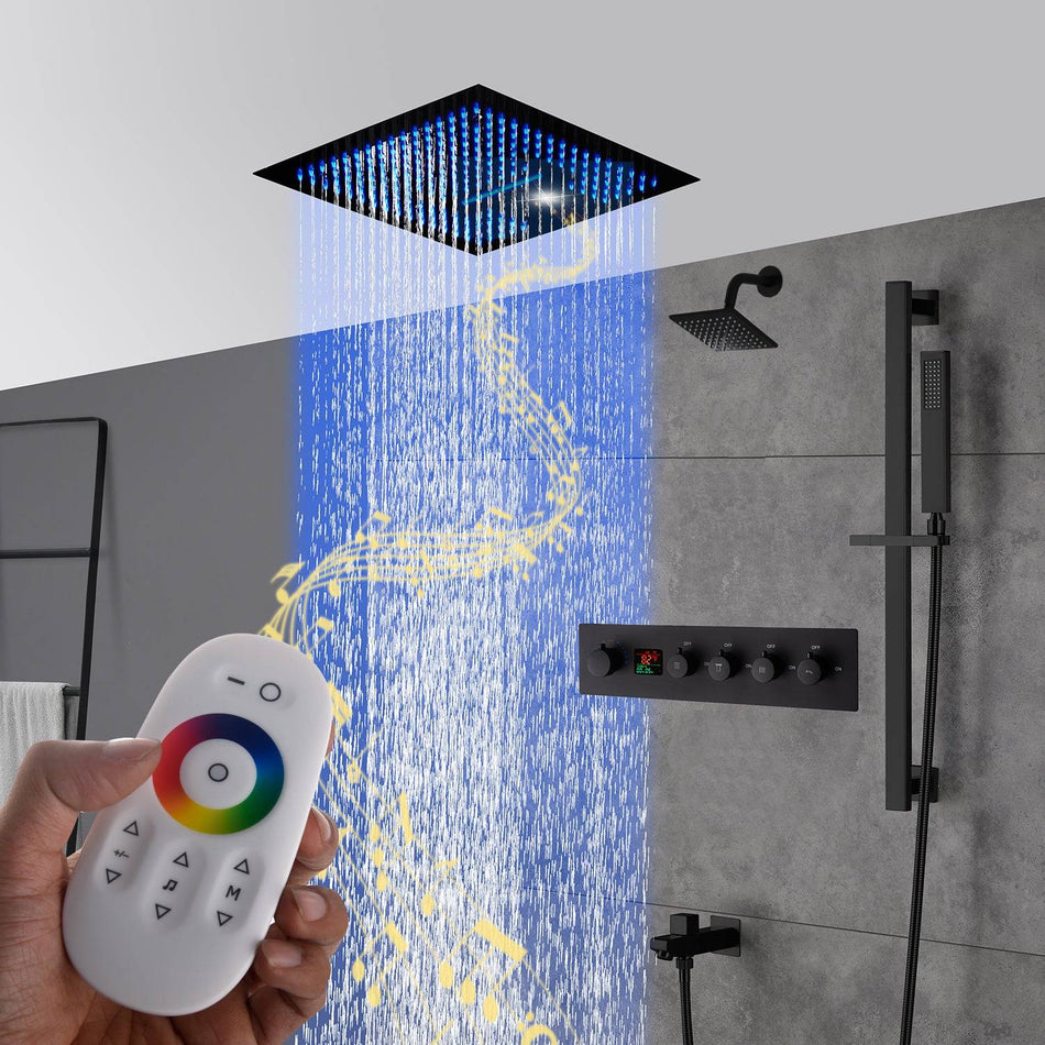 16-Inch Matte Black Thermostatic Shower Faucet: 4-Way Digital Control, Flush-Mounted, 64-Color LED Lighting, with Regular Shower Head and Sliding Bar