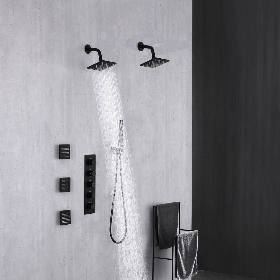 wall mount 6 inch matte black regular shower head shower system 4 way thermostatic rough in valve with body jets