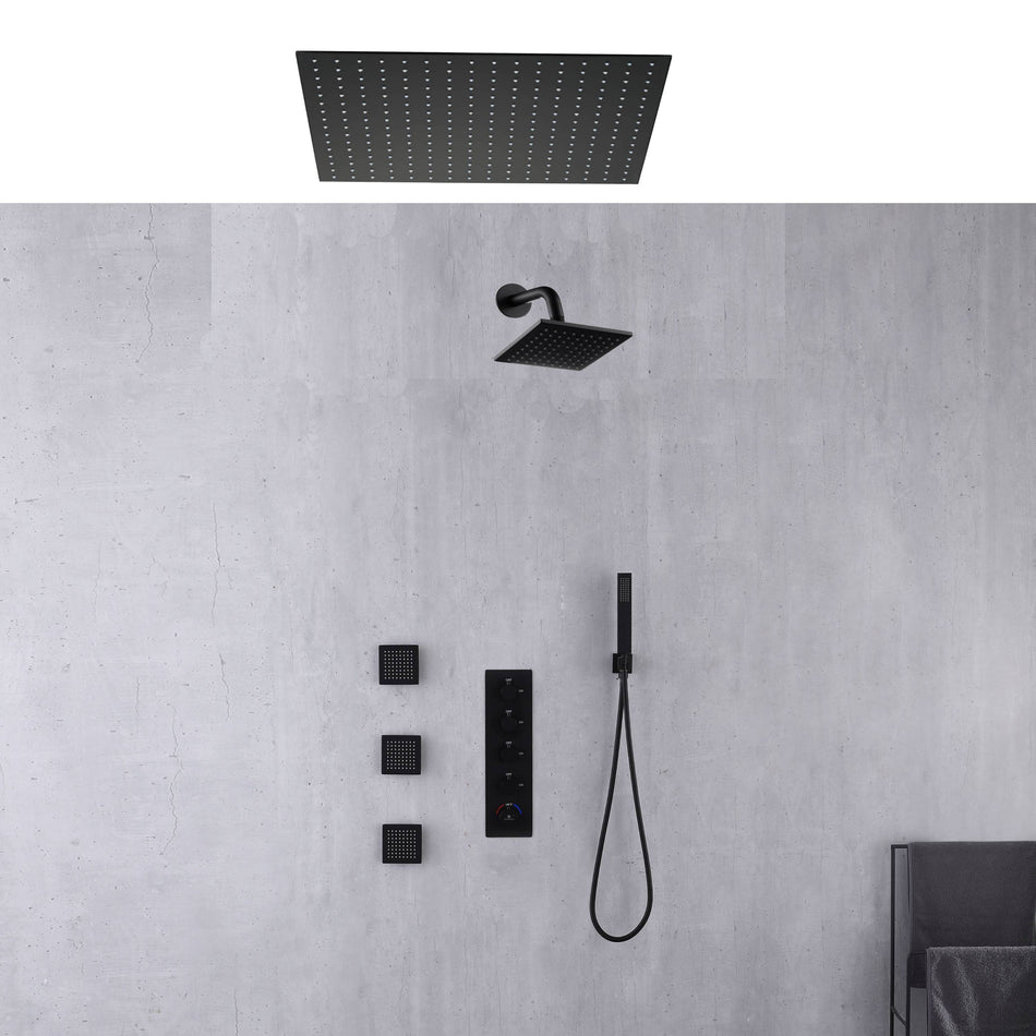24-inch or 20-inch Matte Black Rainfall Shower System: Featuring a 4-Way Thermostatic Rough-In Valve, Soothing Body Jets, and a Refreshing 6-inch Wall Mount Shower Head