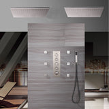Brushed Nickel 4-Way Thermostatic Shower System with Dual 20-Inch Ceiling Mount Rain Heads and 6 Body Jets
