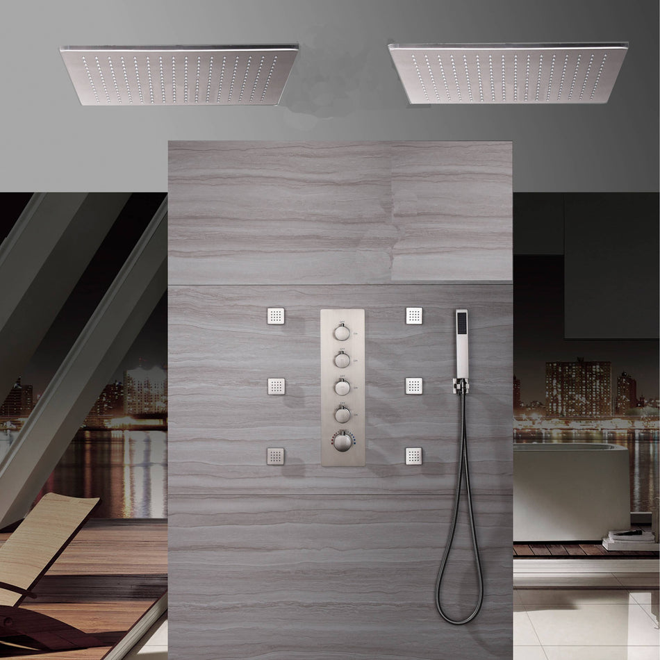 Brushed Nickel 4-Way Thermostatic Shower System with Dual 20-Inch Ceiling Mount Rain Heads and 6 Body Jets