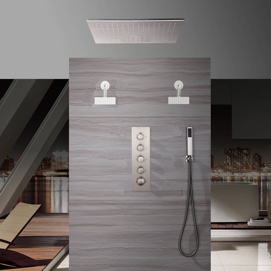 20 Inch Brushed nickel ceiling mount rainfall shower systems 4 way thermostatic valve with 6 body jets and wall mount 6 inch regualr shower head