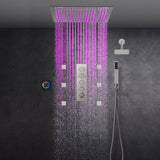 Brushed nickel 64 LED colors 20 inch flushed on rainfall shower systems 4 way Digital display thermostatic valve with regular head and 6 body jets and touch panel