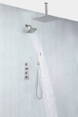 Brushed Nickel Rainfall Shower Head System: Available in 12'' or 16'', Optional LED Light, High Pressure, 3-Way Thermostatic Faucet, Simultaneous or Separate Functionality, with Optional Digital Display