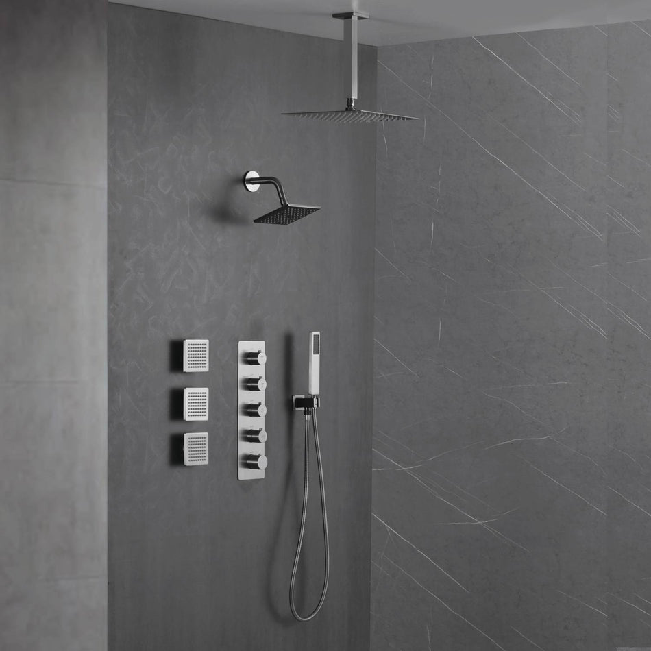 Brushed Nickel 4-Way Thermostatic Ceiling Mount Shower System - Featuring Dual Functionality with 12 or 16-inch LED or Non-LED Rain Head and High Pressure 6-inch Regular Head