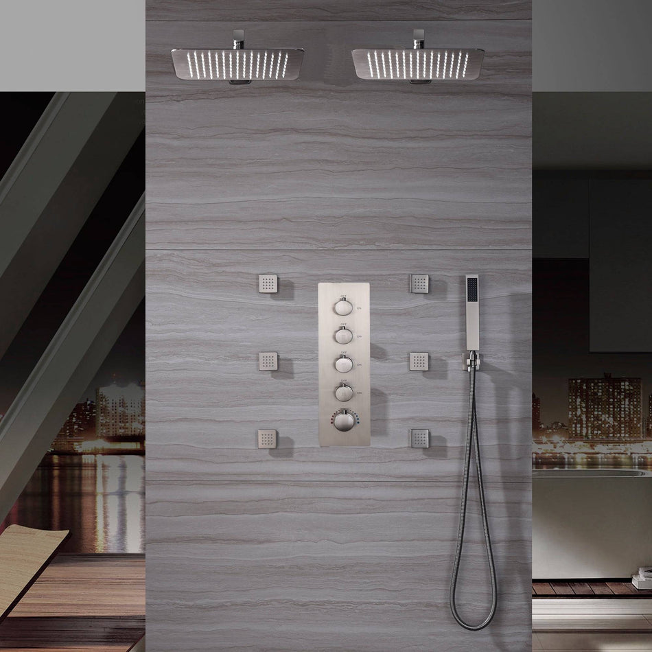 wall mount Dual rainfall 12 inch Brushed nickel  shower systems 4 way thermostatic valve with 6 body jets and sliding bar