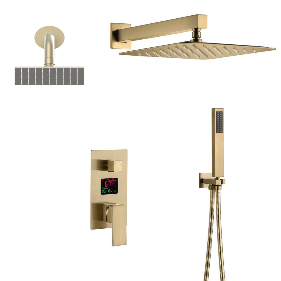 Brushed Gold wall mount 3 way digital display shower faucet with wall mount 6 inch high water pressure regular shower head
