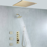 20 inch ceiling mount Brushed gold 4 way digital display thermostatic shower faucet with high pressure 6 '' head and 4 inch body jets and handle sprayer