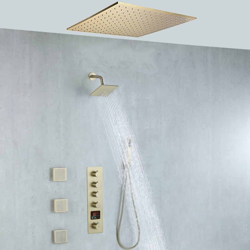 20 inch ceiling mount Brushed gold 4 way digital display thermostatic shower faucet with high pressure 6 '' head and 4 inch body jets and handle sprayer
