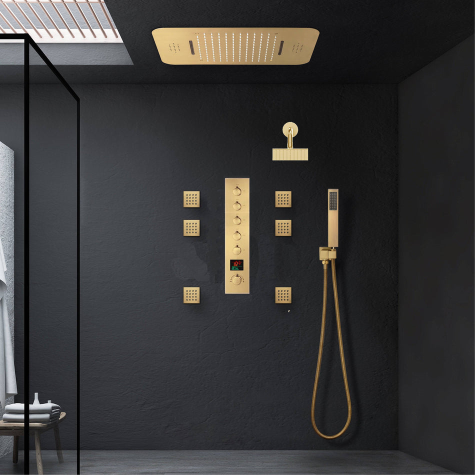 Brushed Gold Music LED Shower System: Flush-In 23'' x 15'' or 20'' x 20'' Shower Head with 5-Way Digital Display Thermostatic Control, Regular Head & Body Sprayers