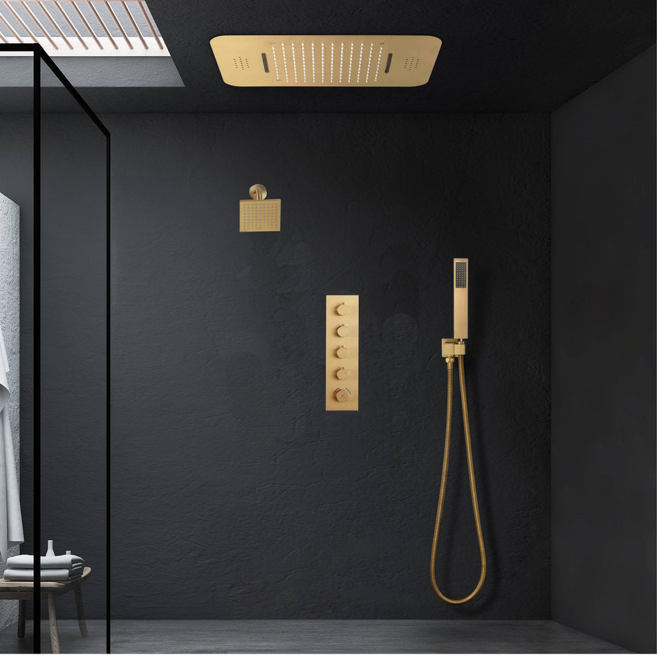 Brushed Gold Music LED Flush Mounted 23X 15-Inch Shower Head 4 Way Thermostatic Shower Faucet Simultaneous or Separate Operation