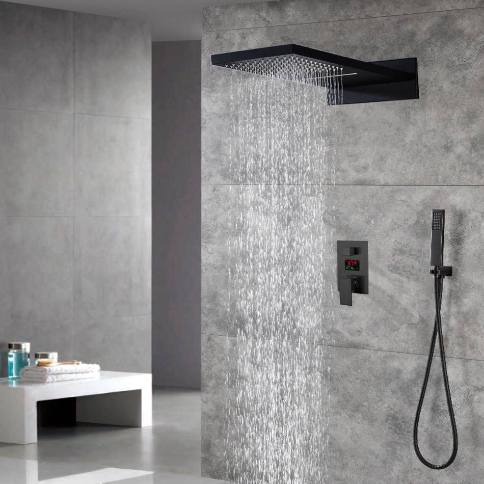 22-Inch Matte Black Rainfall Waterfall Shower Faucet with Optional LED Lighting and 3-Way Digital Display Pressure Balance Valve