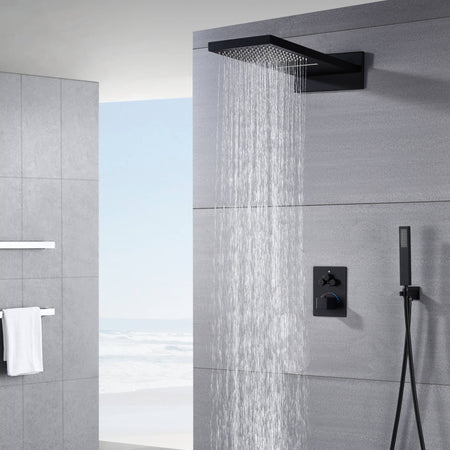 22-Inch Wall-Mount Matte Black Rainfall and Waterfall Shower Head with 3-Way Thermostatic Shower Faucet, Available with or without LED Light - wonderland shower inc