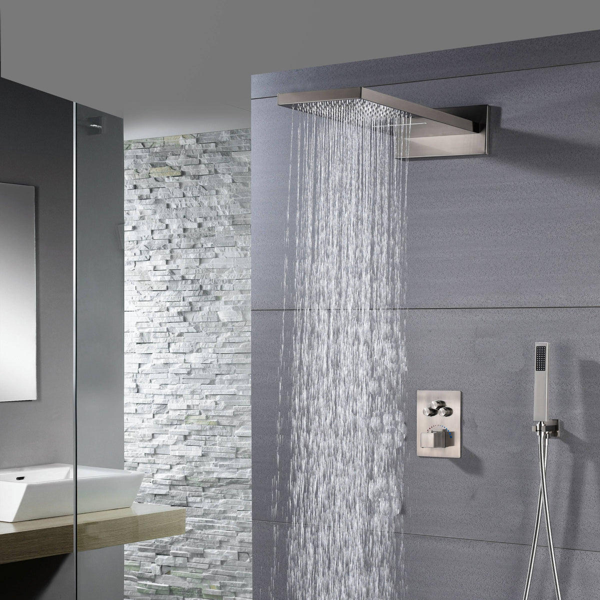 22" Brushed nickel 3 way Thermostatic display valve Rain & Waterfall Shower Faucet - wonderland shower inc