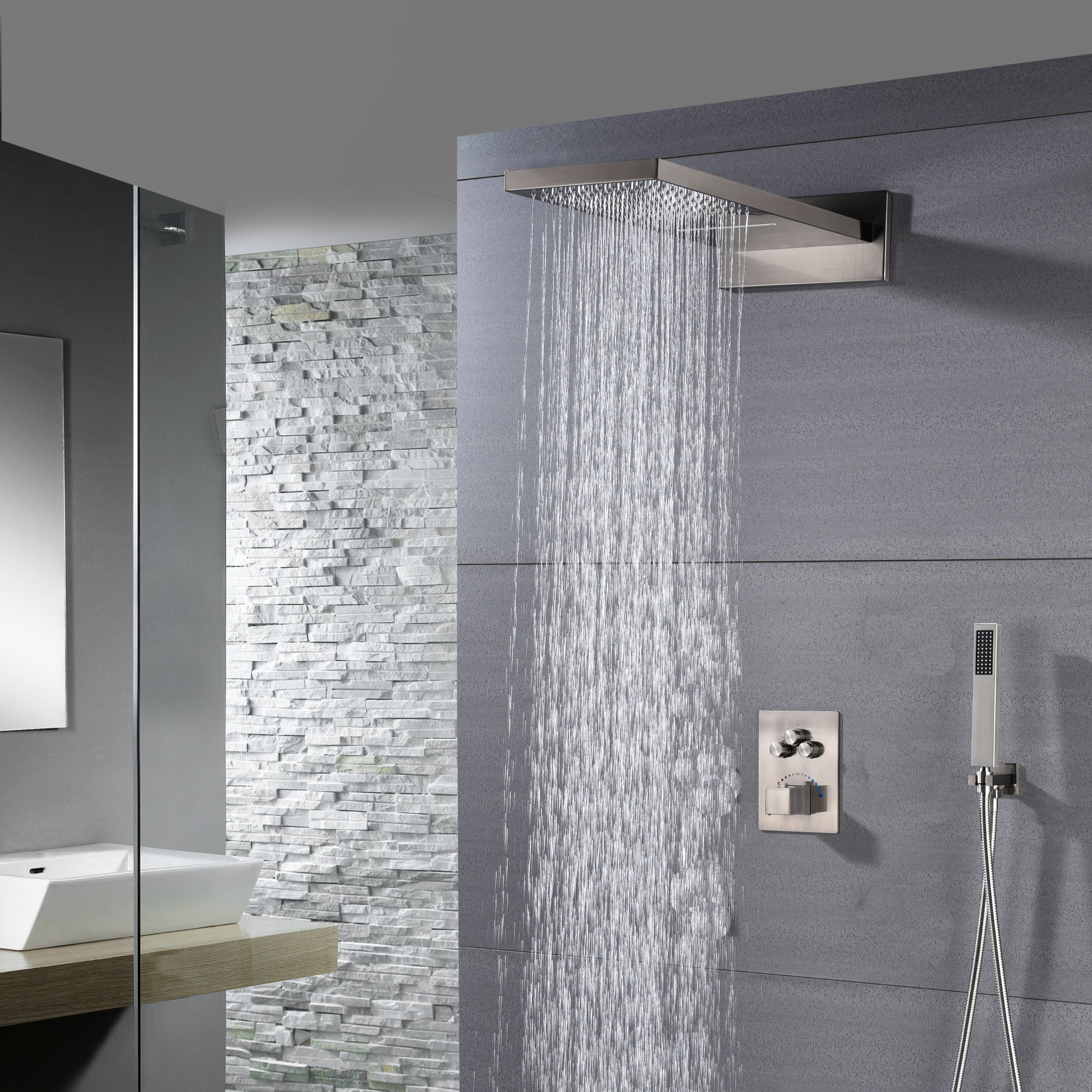22" Brushed nickel 3 way Thermostatic display valve Rain & Waterfall Shower Faucet - wonderland shower inc