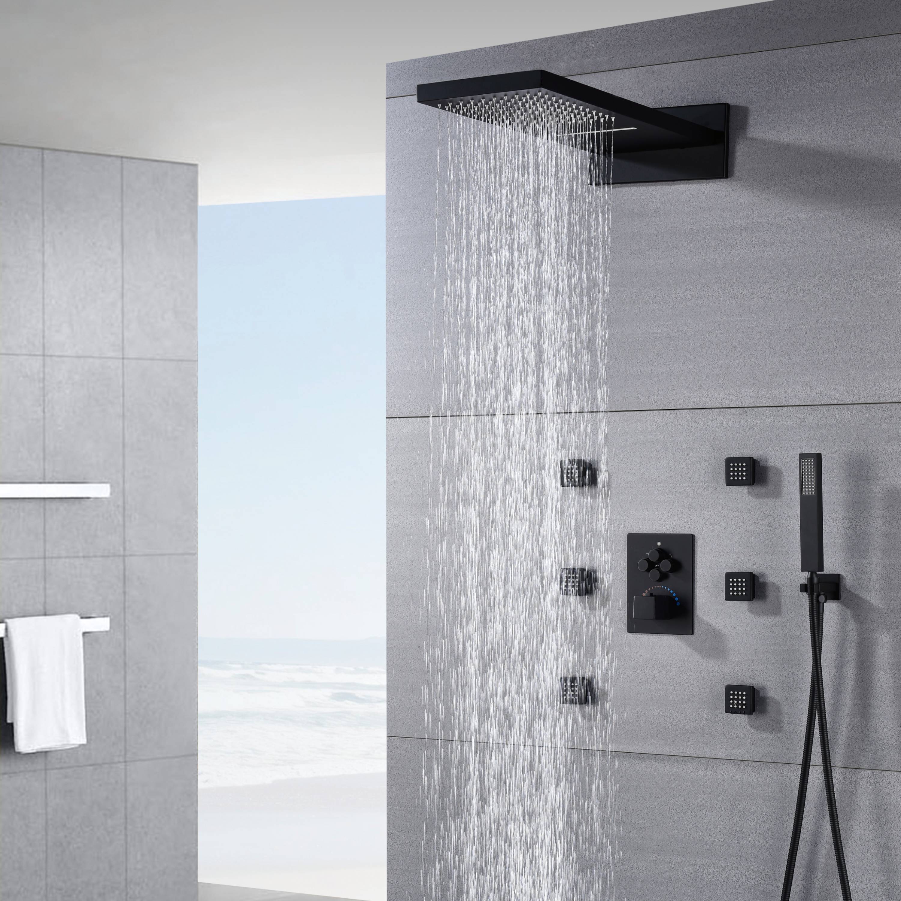 22'' Matte Black 4 way Thermostatic Shower valve system that each function run at the same time and separately - wonderland shower inc