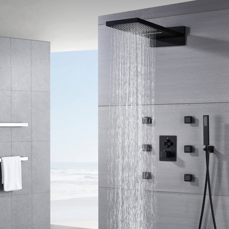 22'' Matte Black 4 way Thermostatic Shower valve system that each function run at the same time and separately - wonderland shower inc