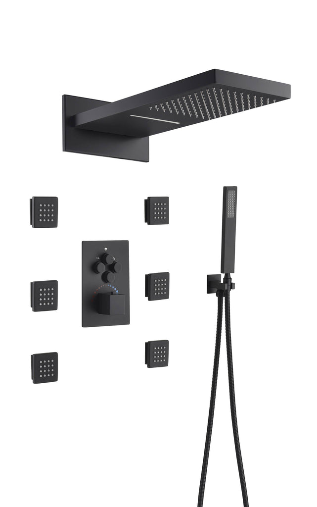 22'' Matte Black 4 way Thermostatic Shower valve system that each function run at the same time and separately - wonderland shower inc