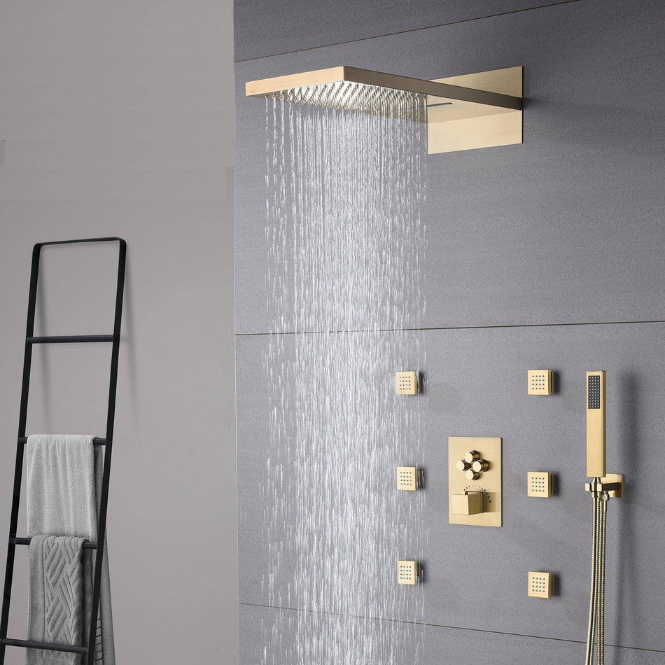 22inch Brushed gold 4 way Thermostatic Shower valve system that each function run all together and separately