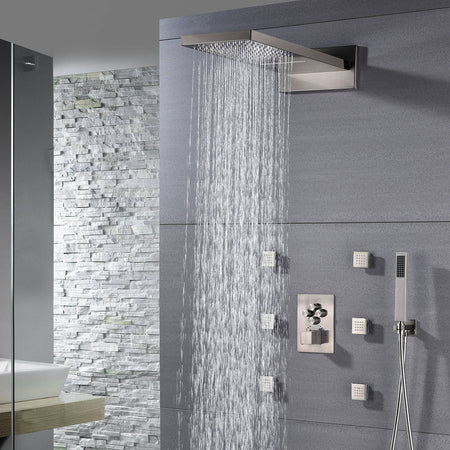 22'' Brushed Nickel 4 Way Thermostatic Shower Faucet Waterfall & Rain Massage Body Jet Spray - wonderland shower inc