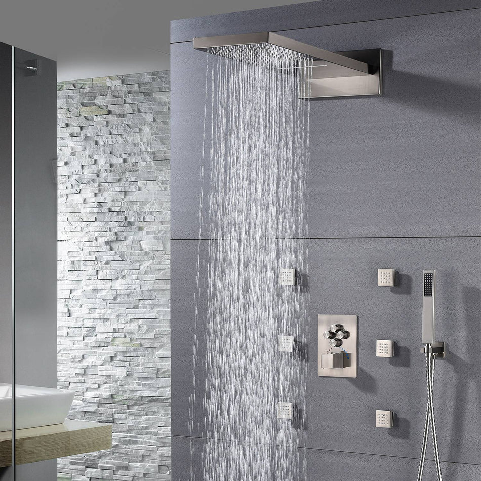 22'' Brushed Nickel 4 Way Thermostatic Shower Faucet Waterfall & Rain Massage Body Jet Spray - wonderland shower inc