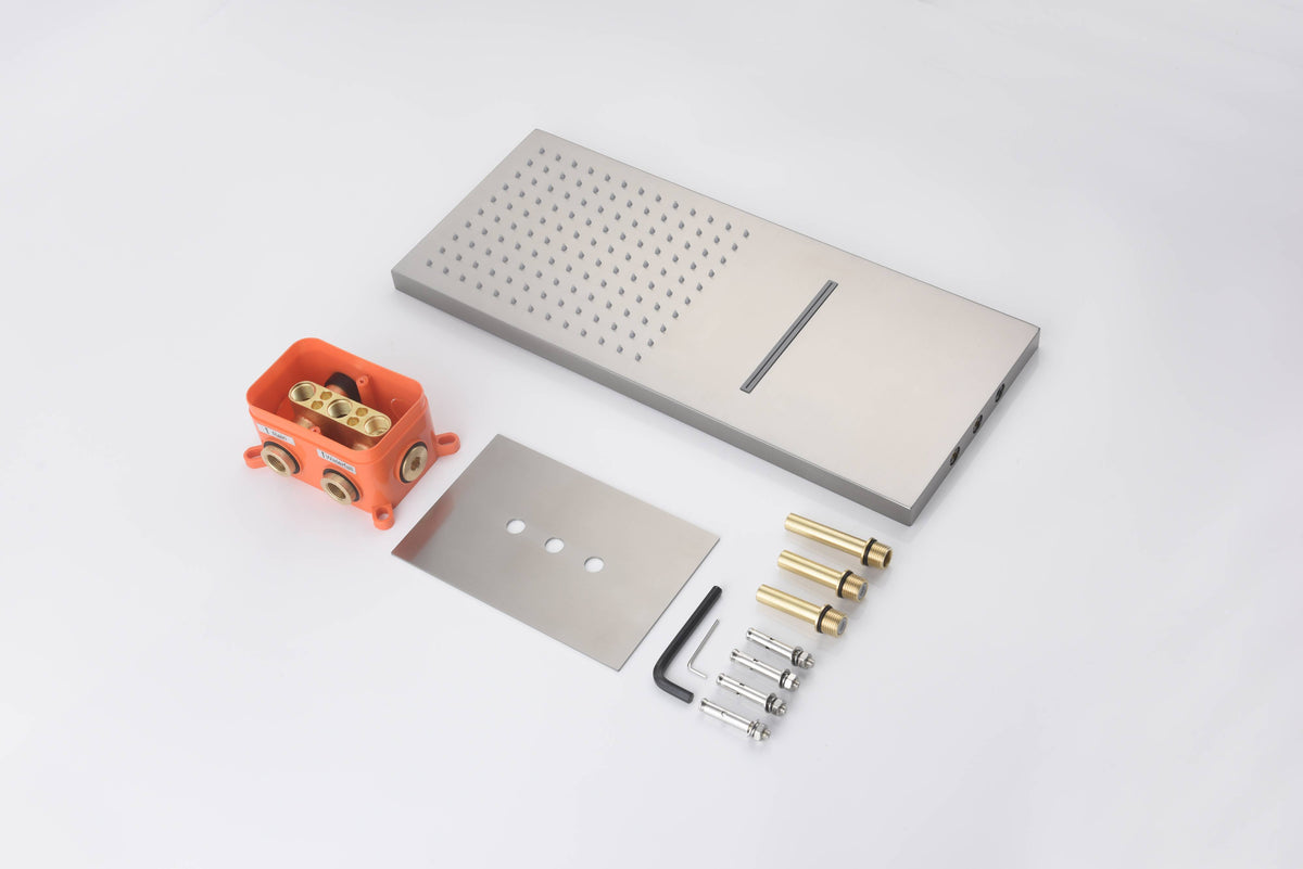 22'' Brushed Nickel 4 Way Thermostatic Shower Faucet Waterfall & Rain Massage Body Jet Spray - wonderland shower inc