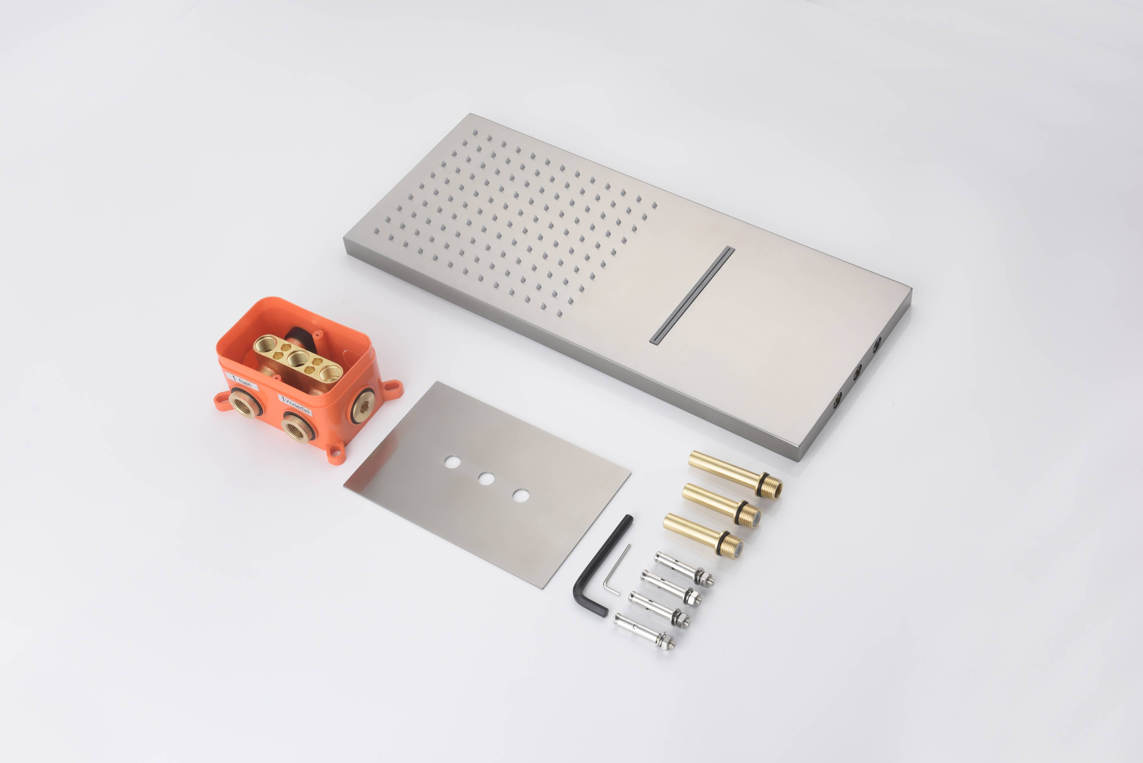 22'' Brushed Nickel 4 Way Thermostatic Shower Faucet Waterfall & Rain Massage Body Jet Spray - wonderland shower inc