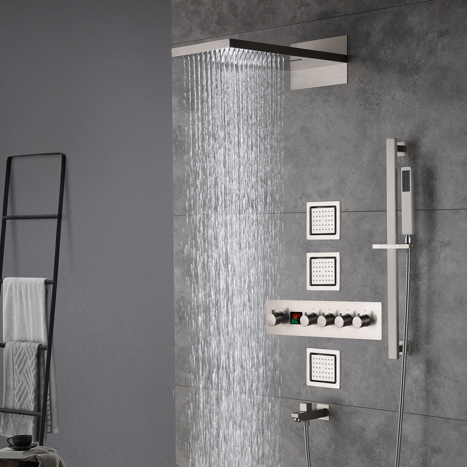 The Exquisite 22-Inch Brushed Nickel 4-Way Digital Thermostatic Shower Faucet with Rainfall, Waterfall, and 4-Inch Body Jet