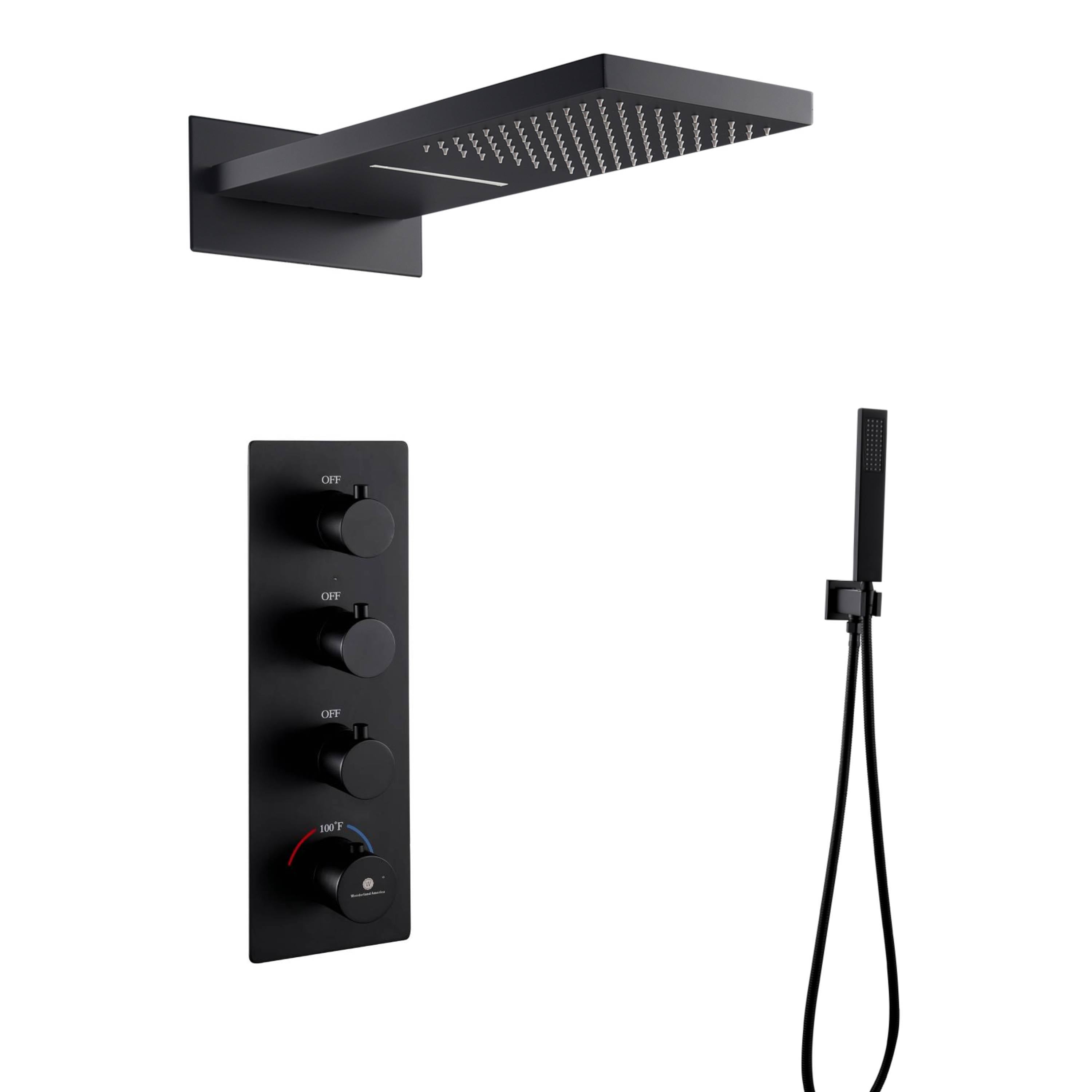 Matte black 22 inch rainfall waterfall shower head 3 way thermostatic shower system with handle sprayer - wonderland shower inc