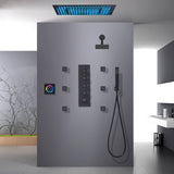 Matte Black 20-Inch Flush Mount Rainfall Shower System with 64-Color LED, 4-Way Digital Thermostatic Valve, Regular Head, 6 Body Jets, and Touch Panel