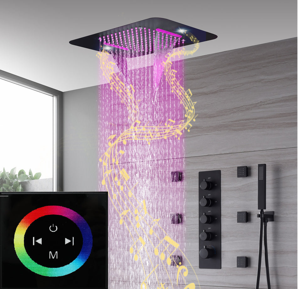 matte black 23 inch rainfall waterfall 64 LED lights Bluetooth Music shower 4 way thermostatic shower system with to touch panel and 6 body jets