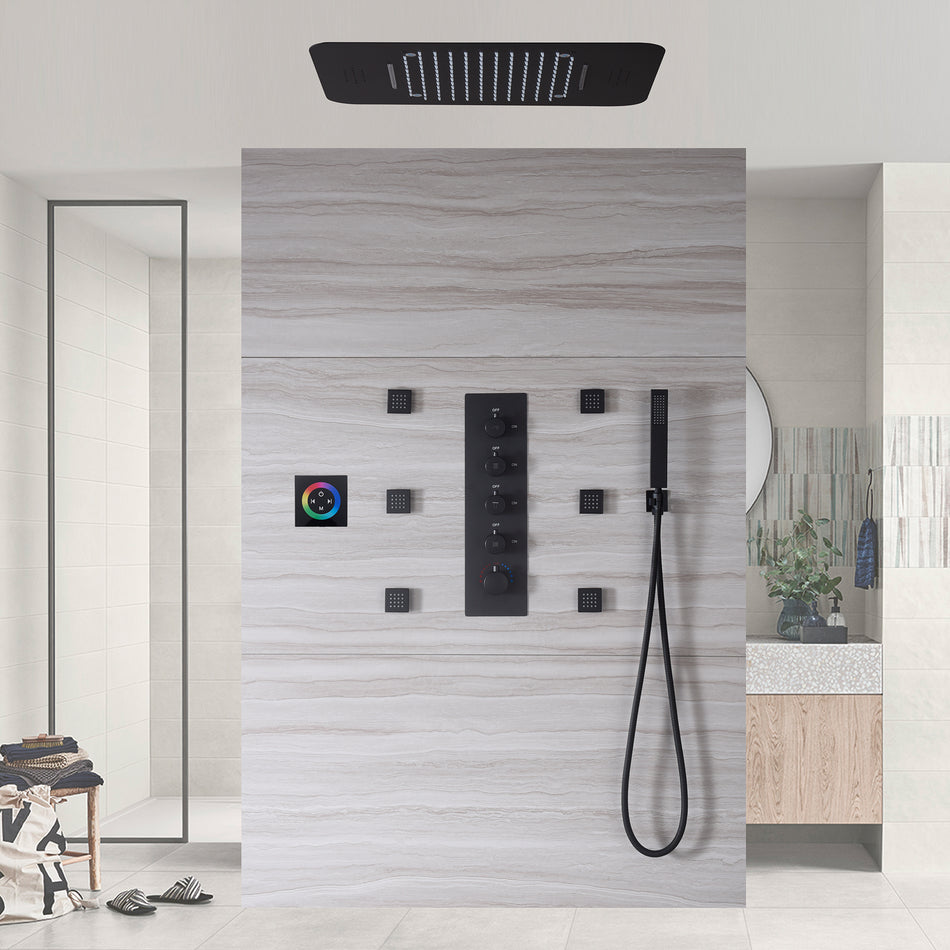 matte black 23 inch rainfall waterfall 64 LED lights Bluetooth Music shower 4 way thermostatic shower system with to touch panel and 6 body jets