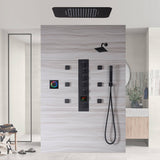matte black 23 inch rainfall waterfall 64 LED lights Bluetooth Music shower 5 way digital display thermostatic shower system with to touch panel and 6 body jets and regular head wall mount