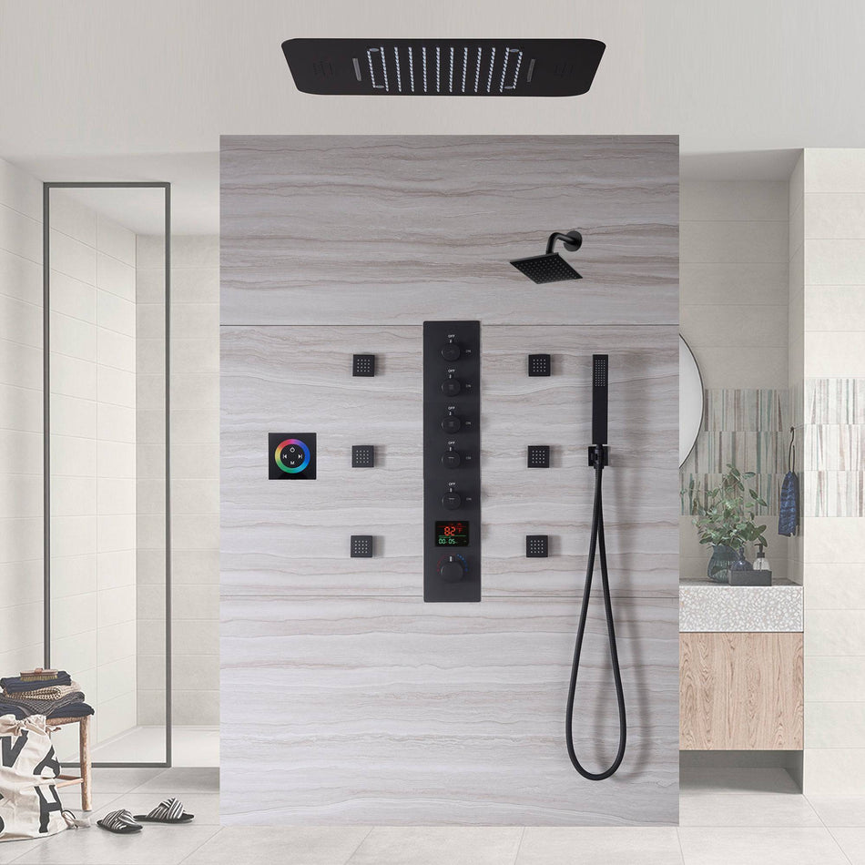 matte black 23 inch rainfall waterfall 64 LED lights Bluetooth Music shower 5 way digital display thermostatic shower system with to touch panel and 6 body jets and regular head wall mount