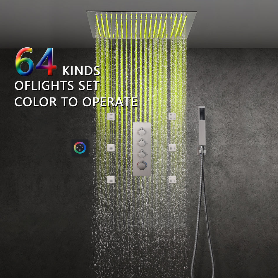 Brushed Nickel 3-Way Thermostatic Shower System with 20-Inch LED Rainfall Showerhead, Digital Display, 6 Body Jets and Touch Panel Control, Flush-Mounted Design