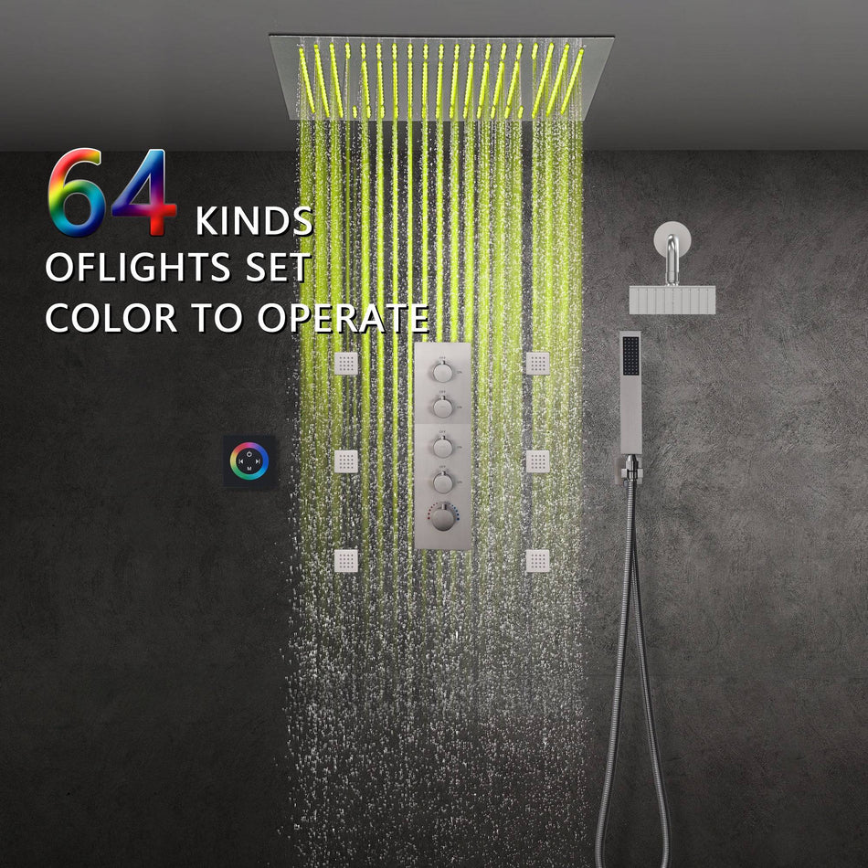 Brushed nickel 64 LED colors 20 inch flushed on rainfall shower systems 4 way Digital display thermostatic valve with regular head and 6 body jets and touch panel
