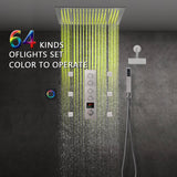 Brushed nickel 64 LED colors 20 inch flushed on rainfall shower systems 4 way Digital display thermostatic valve with regular head and 6 body jets and touch panel