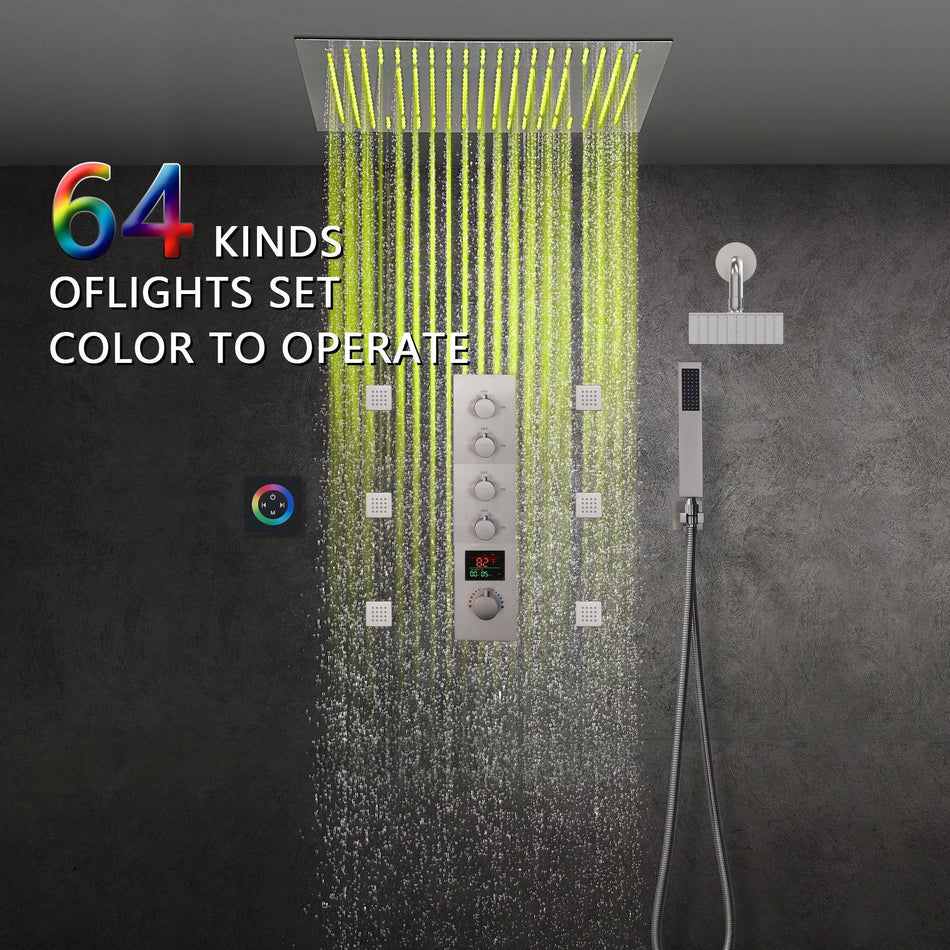 Brushed nickel 64 LED colors 20 inch flushed on rainfall shower systems 4 way Digital display thermostatic valve with regular head and 6 body jets and touch panel