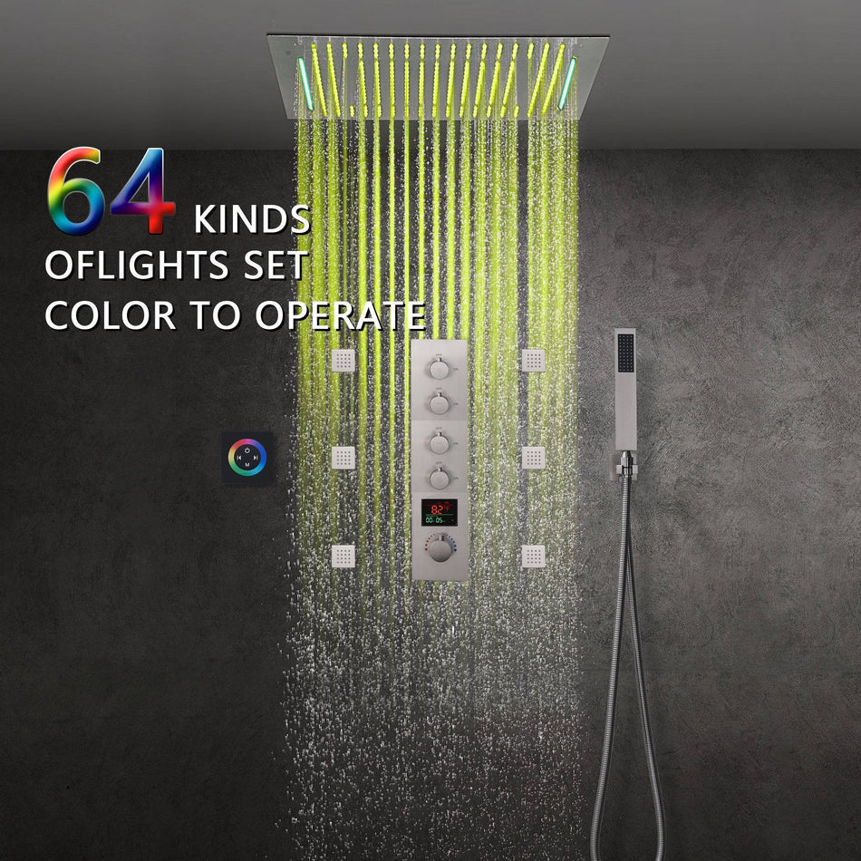 Brushed nickel bluetooth music 64 LED colors 20 inch flushed on waterfall rainfall shower systems 4 way digital display thermostatic valve with 6 body jets