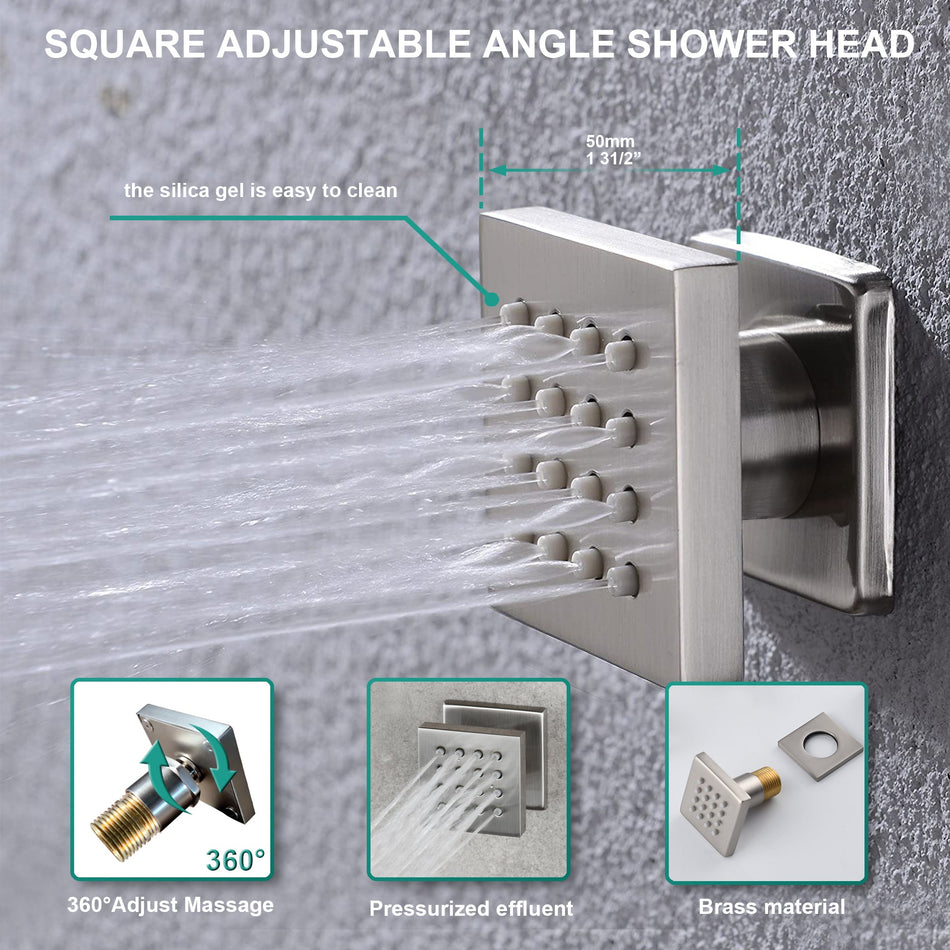 Brushed Nickel 5-Way Digital Display Thermostatic Shower Faucet: Flush-Mounted 20-Inch Rainfall Shower Head with 64-Color LED Lights, Regular Head, and Six Body Jets